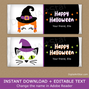 Downloadable Halloween Candy Bar Wrapper Template Witch Face Cat Face