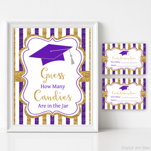 Downloadable High School Graduation Candy Guessing Game Purple and Gold Glitter Stripes