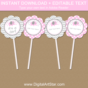 Downloadable Pink and Gray Elephant Baby Shower Cupcake Toppers
