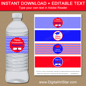 Downloadable Red and Royal Blue Graduation Water Bottle Label Template