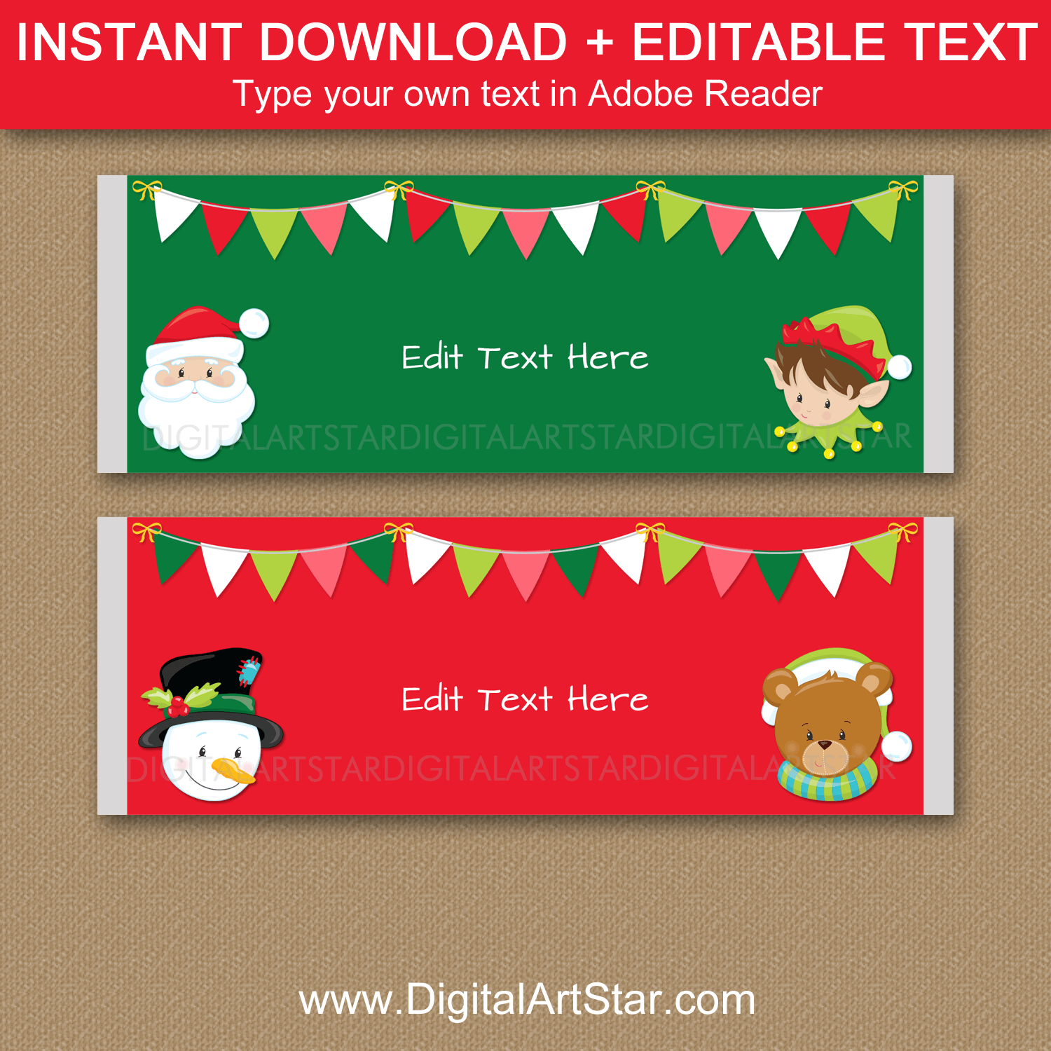 Downloadable Red and Green Printable Holiday Candy Bar Wrapper Template