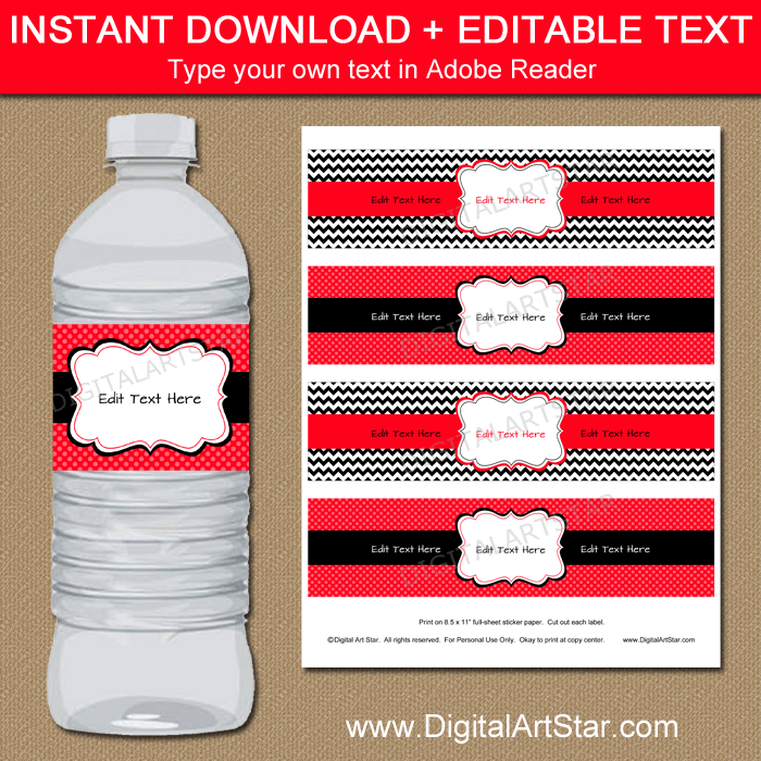Downloadable Retirement Water Bottle Labels Red and Black