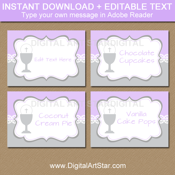 Girl First Communion Labels in Lavender and Silver