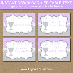 Girl First Communion Labels in Lavender and Silver