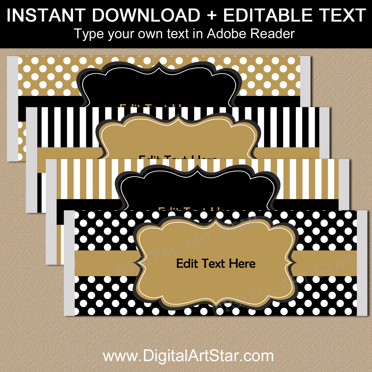 Downloadable Black and Gold Candy Bar Wrappers for Party Favors