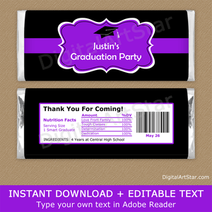 Editable Black and Purple Graduation Chocolate Bar Wrapper Favors