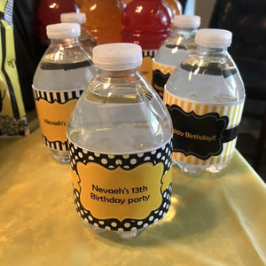 Editable Black and Yellow Birthday Water Bottle Labels