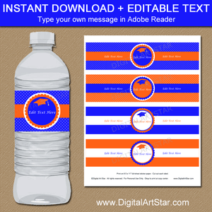Editable Blue Orange White Graduation Water Bottle Label Template