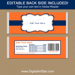 Editable Candy Bar Wrappers Template Orange and Navy
