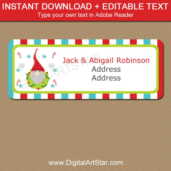 Editable Christmas Address Labels Instant Download Gnome in Wreath