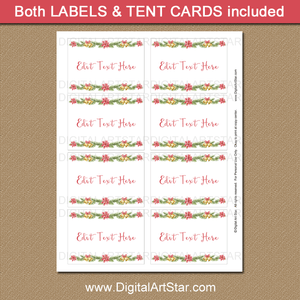 Editable Christmas Labels Red Poinsettias Gold Bells