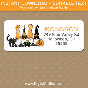 Editable Downloadable Halloween Address Labels Gnomes Black Cat Orange Black White