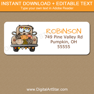 Editable Fall Address Labels Template Brown Truck with Pumpkins