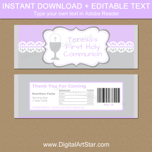 Editable First Communion Candy Bar Wrappers for Girls