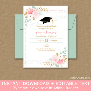 Editable Floral Graduation Invitation Template Pink, Gold, Mint Green