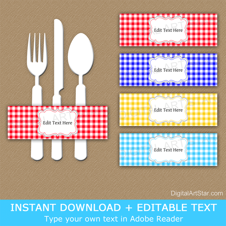 Editable Gingham Napkin Rings Template Printable Fathers Day Red Blue Yellow
