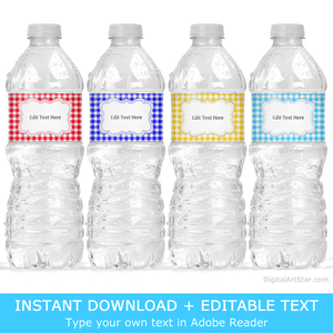 Editable Gingham Water Bottle Labels Party Decor