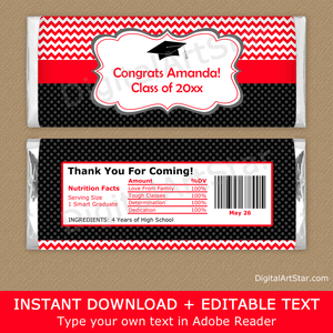Editable Graduation Chocolate Bar Wrapper Red Black Chevron Polka Dots