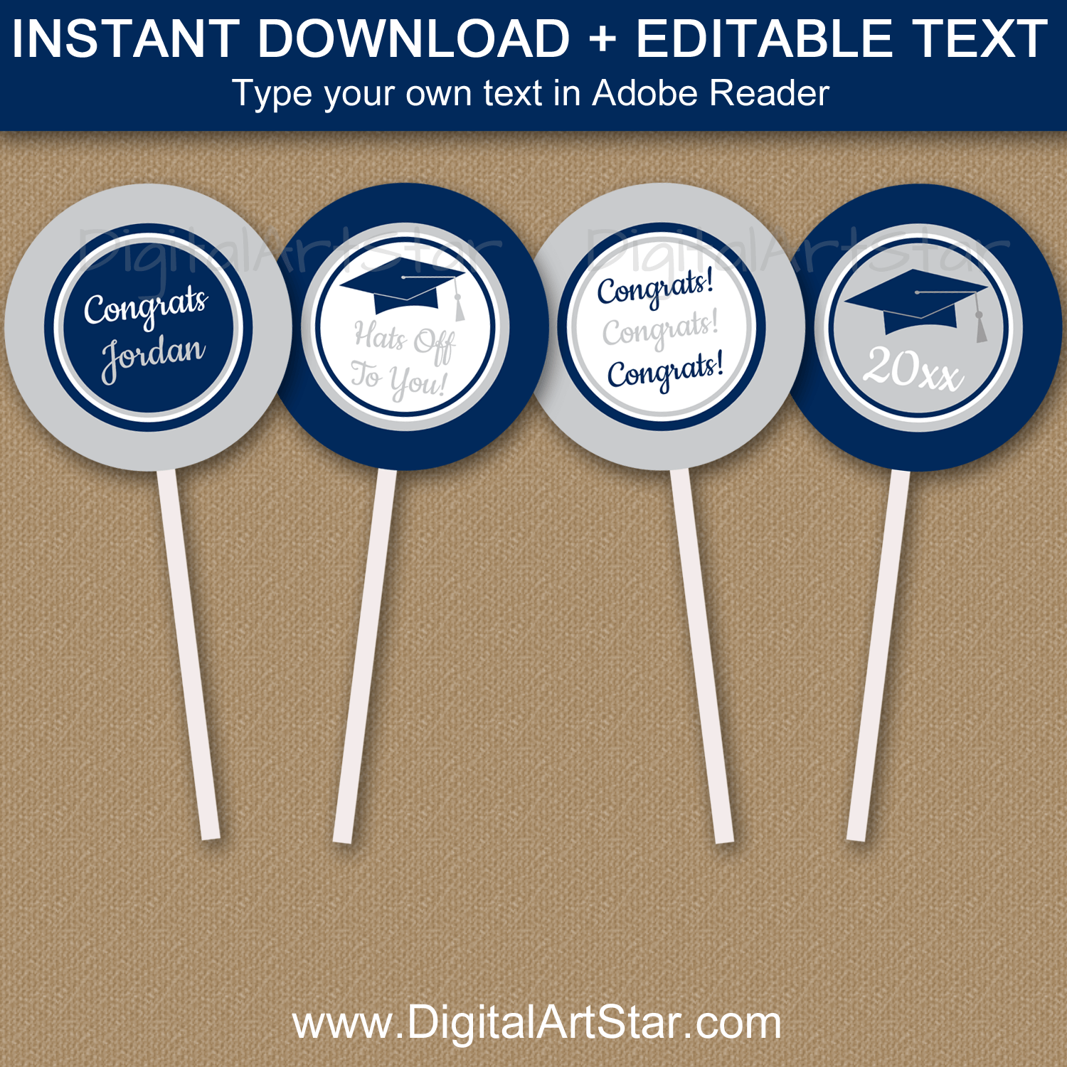 Editable Graduation Cupcake Toppers Printable Template in Navy Blue and Silver