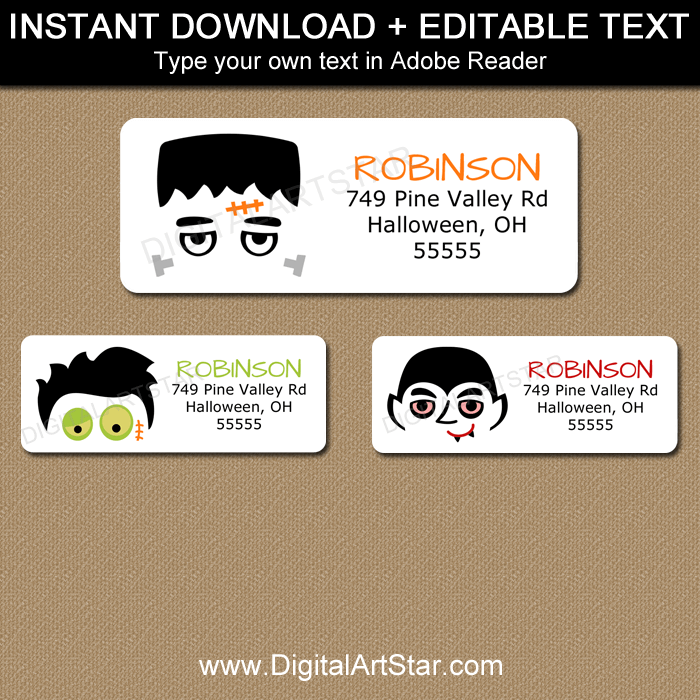 Editable Halloween Monster Address Labels Template Zombie Vampire