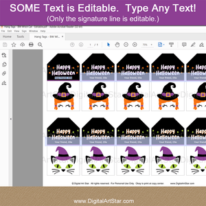 Editable Happy Halloween Tags Template with Witch Face and Cat Face