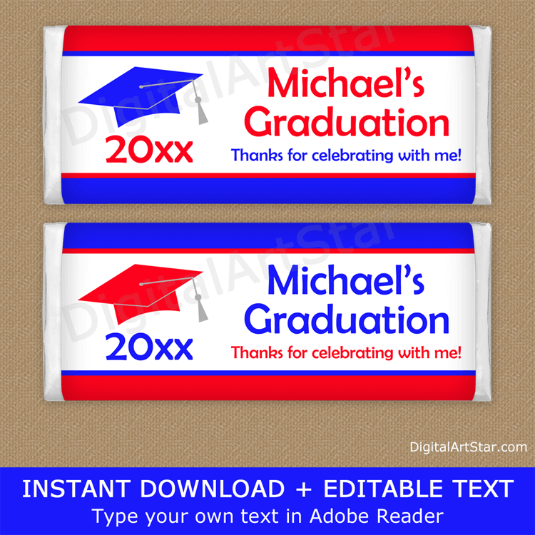 Editable High School Graduation Candy Bar Wrappers Red White and Royal Blue