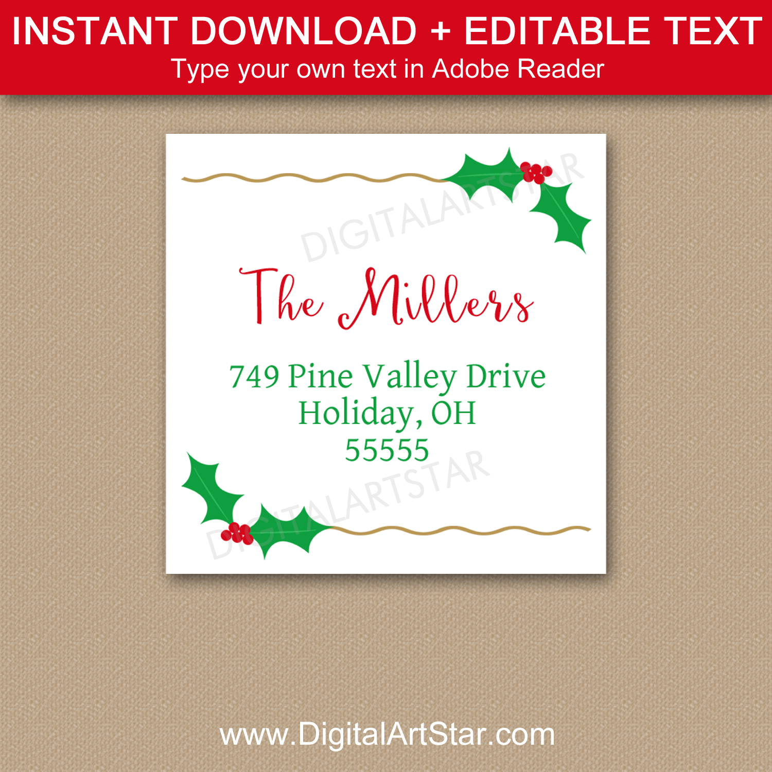 Editable Holly Christmas Address Labels Printable Red Green Gold