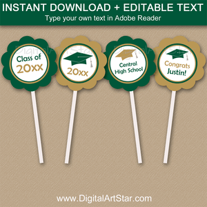 Editable Hunter Green Gold White Graduation Party Cupcake Picks