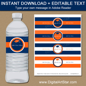 Editable Orange and Navy Graduation Water Bottle Labels