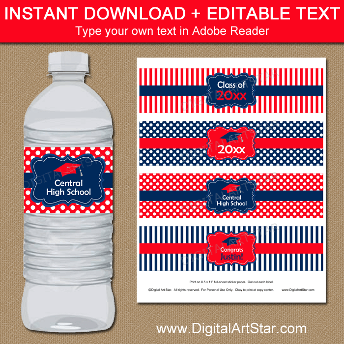 Editable Red and Navy Blue Graduation Water Bottle Labels Template Instant Download