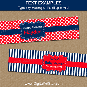 Editable Red Navy White Water Bottle Labels
