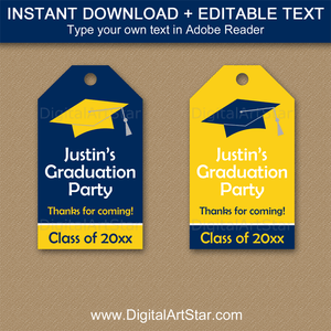 Editable Thank You Tags Graduation Favors Navy Blue and Yellow