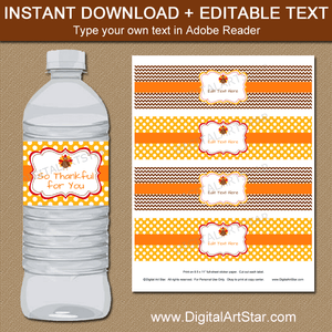 Editable Thanksgiving Water Bottle Labels Brown Yellow