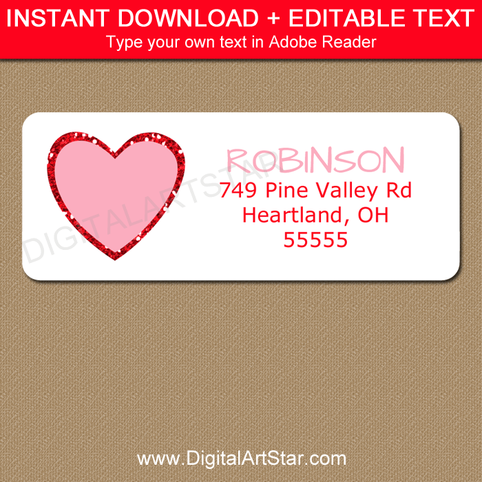 Editable Valentines Day Return Address Label Template Pink Red Heart