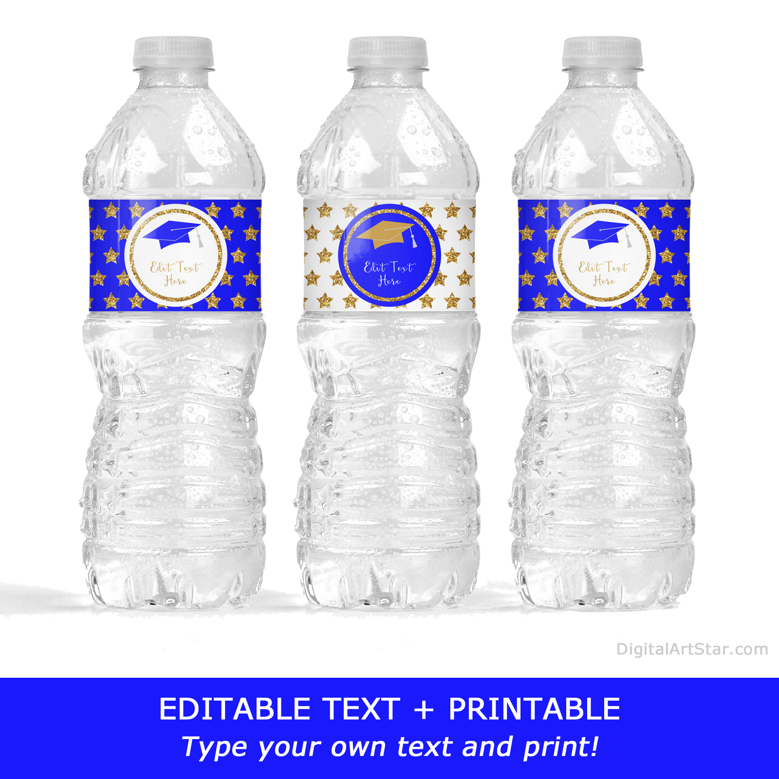 Royal Blue and Gold Graduation Water Bottle Labels with Stars