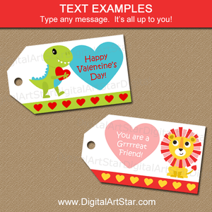 Editable Valentine Tags with Dinosaur and Lion