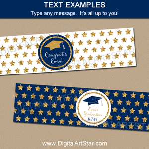 Navy Blue and Gold Graduation Water Bottle Wraps with Stars
