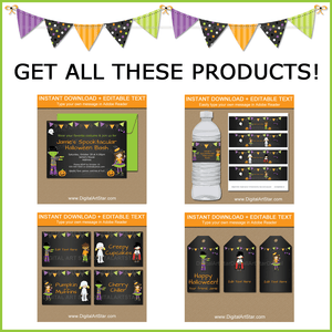 Chalkboard Halloween Party Invitation, Water Labels, Food Labels, Favor Tags