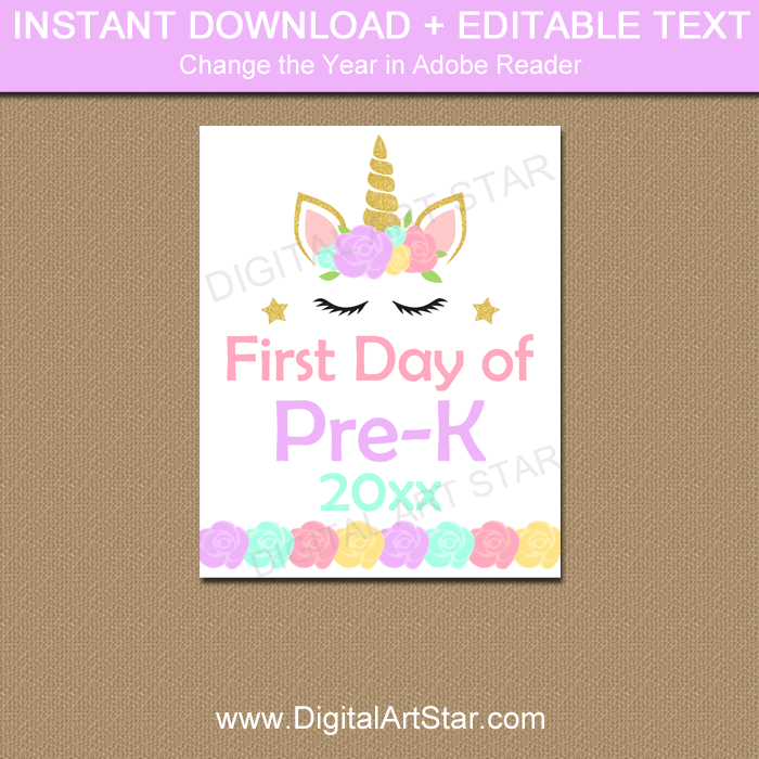 Unicorn First Day of Pre K Printable Sign 2019