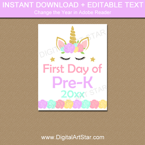 Unicorn First Day of Pre K Printable Sign 2019