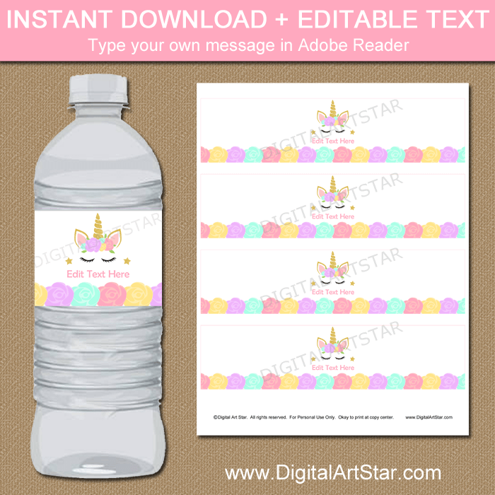 Unicorn Party Water Bottle Labels Editable Template