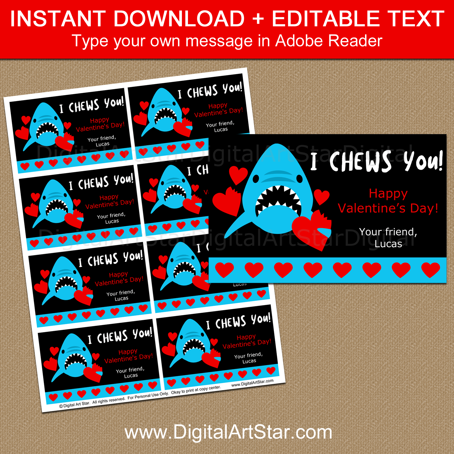 Editable Valentine's Day Cards Template with Shark