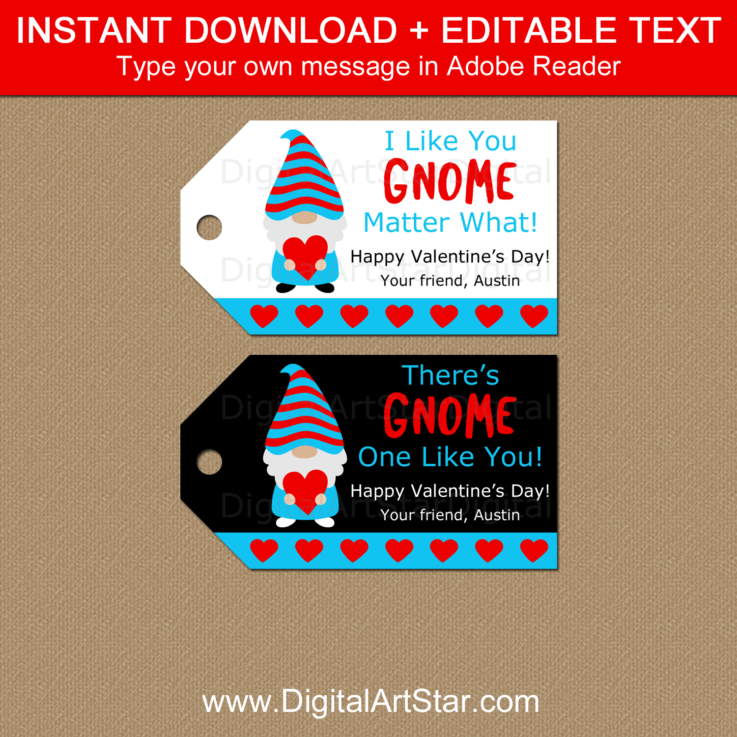 Gnome Valentines Day Gift Tags Instant Download Template