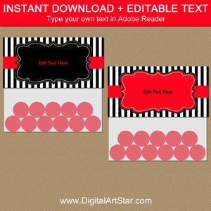 Editable Treat Bag Toppers Black and White Striped Red Accents