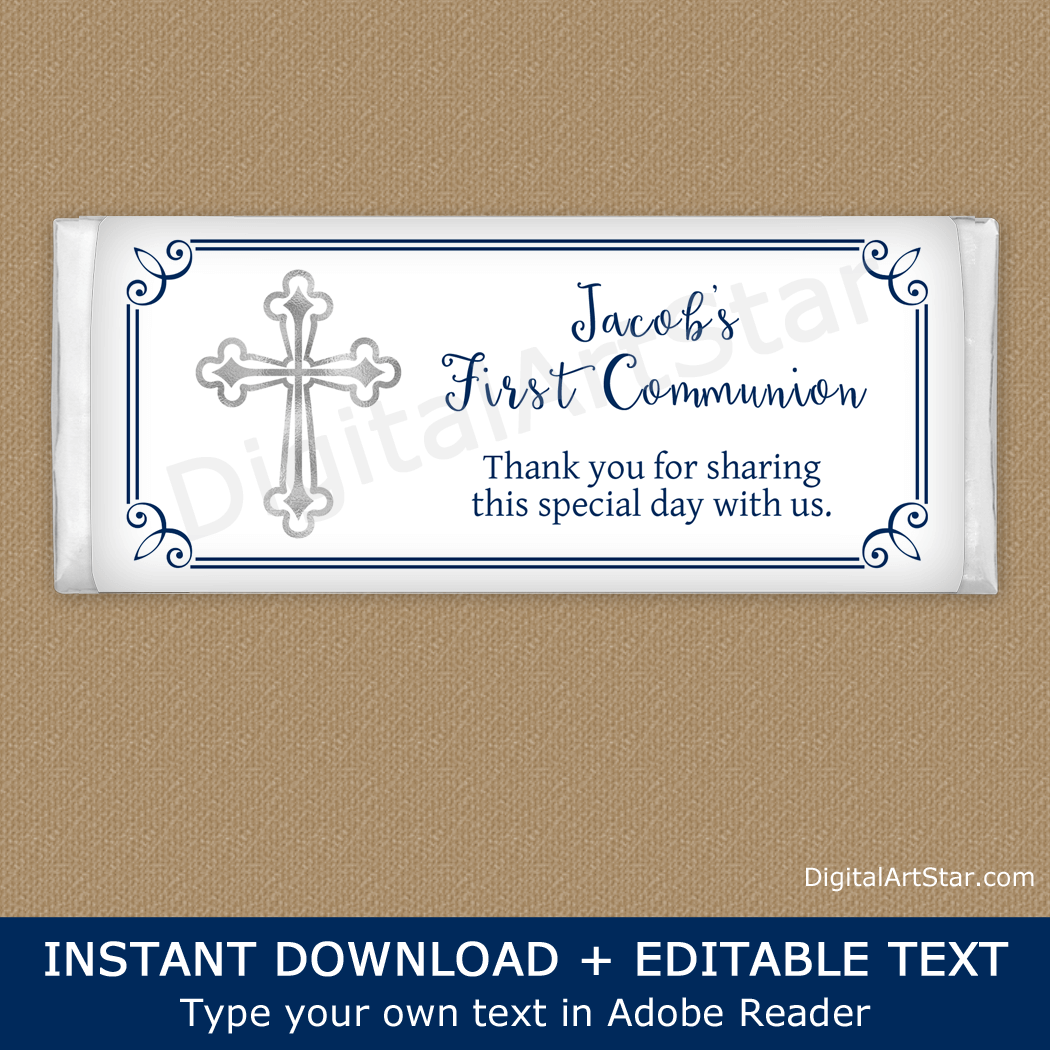 Elegant First Communion Candy Bar Wrappers White Navy Blue