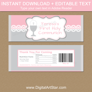 First Communion Candy Bar Wrappers Pink Gray White