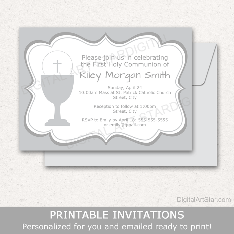 First Communion Invitation Printable Gray and White