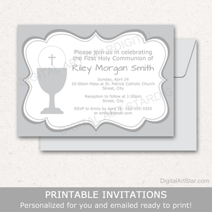 First Communion Invitation Printable Gray and White