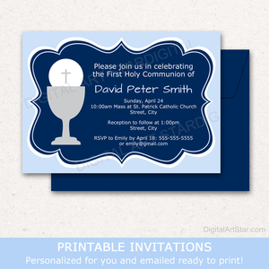 First Communion Invitation Printable Light Blue Navy Blue