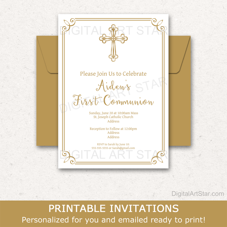 First Holy Communion Invitation Template White and Gold for Boy or for Girl